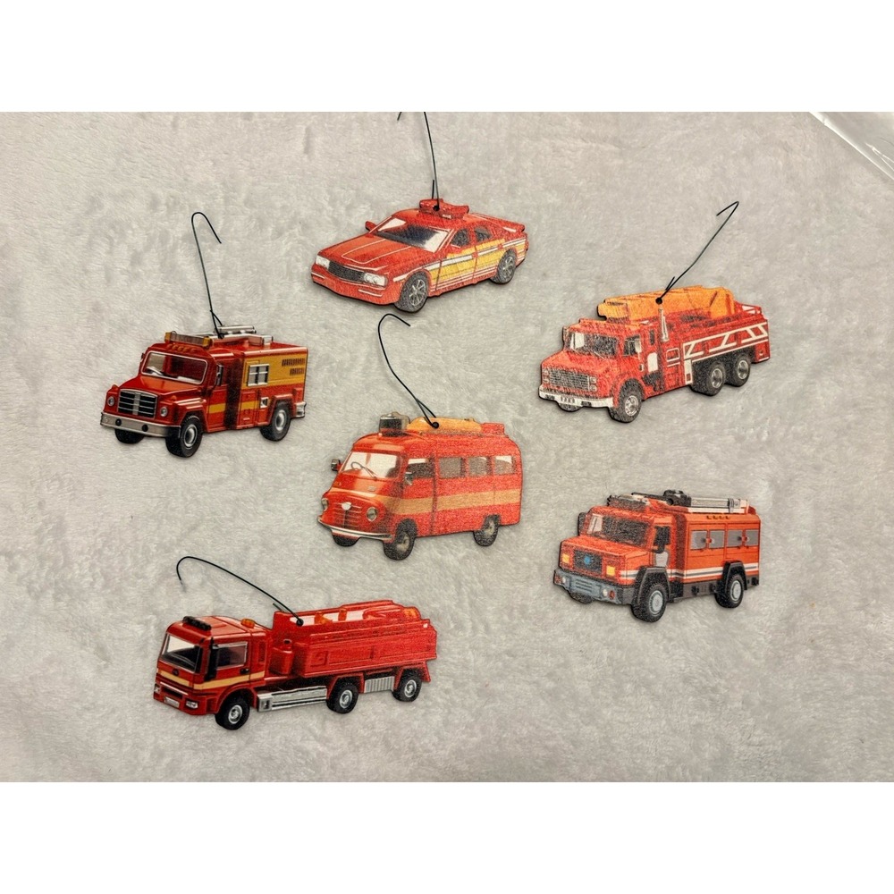6pc Wooden Fire Truck Ornaments Set Vintage Rescue SUV Chief Van Lot